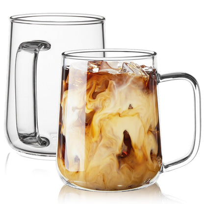 Glass Coffee Mugs, 16 oz Glass Coffee Cups Set of 2, Clear Borosilicate Glass Mugs with Handles for Cappuccino, Tea, Latte, Hot/Cold Beverages, Wine, Americano