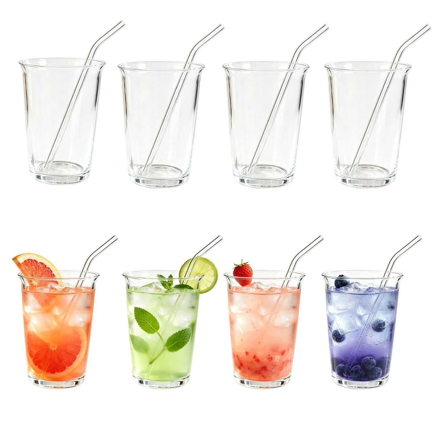 Nihaoya 16oz Clear Glass Cups with Straws, Iced Tea Glasses, Transparent Drinking Glass Cups Set of 4 for Party Coffee Soda Juice