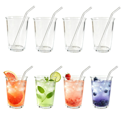 Nihaoya 16oz Clear Glass Cups with Straws, Iced Tea Glasses, Transparent Drinking Glass Cups Set of 4 for Party Coffee Soda Juice