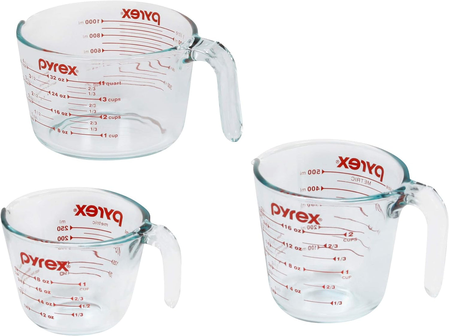 Pyrex Essentials (3-Pack) Glass Measuring Cups Set (1, 2 & 4 Cup) | For prepping, baking and cooking, preheated oven, dishwasher, freezer, and microwave safe