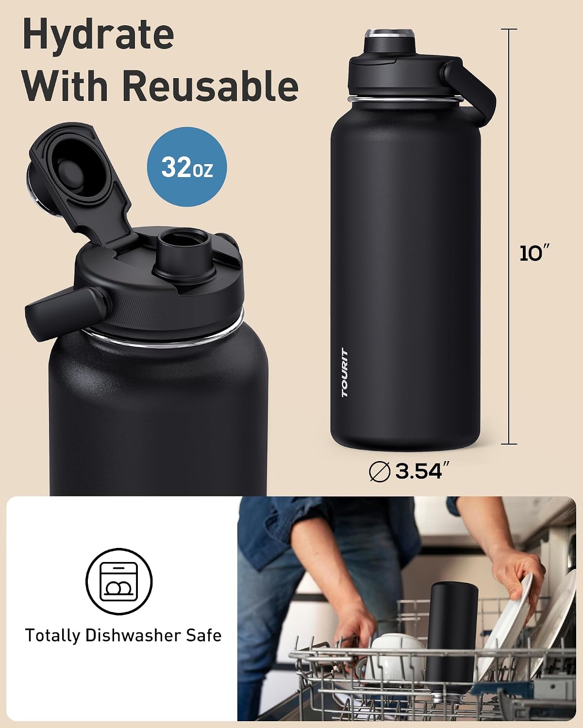 TOURIT 24 oz Insulated Stainless Steel Water Bottle, Obsidian | Double-wall vacuum thermal flask with top handle, leakproof & BPA-free design for sports, gym, hiking & travel use