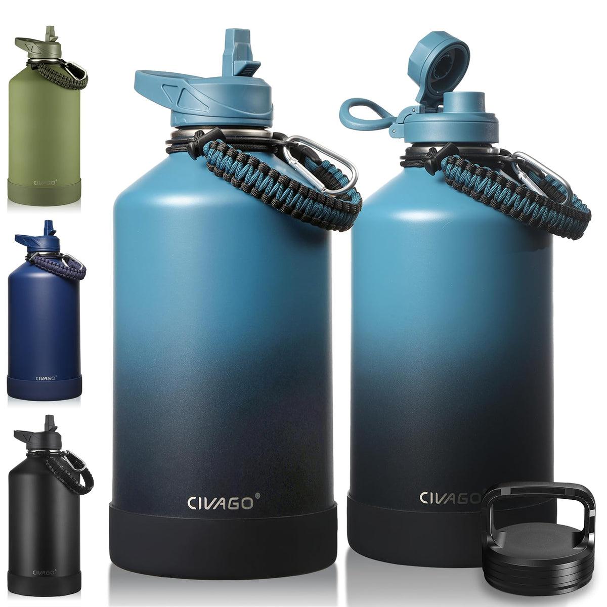 CIVAGO 40 oz Insulated Stainless Steel Water Bottle With Straw and 3 Lids | Large Metal Sports Water Jug, Leakproof Reusable Wide Mouth Thermal Flask Cup with Silicone Boot, BPA-Free, Midnight Black