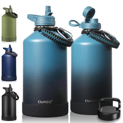 CIVAGO 40 oz Insulated Stainless Steel Water Bottle With Straw and 3 Lids | Large Metal Sports Water Jug, Leakproof Reusable Wide Mouth Thermal Flask Cup with Silicone Boot, BPA-Free, Midnight Black