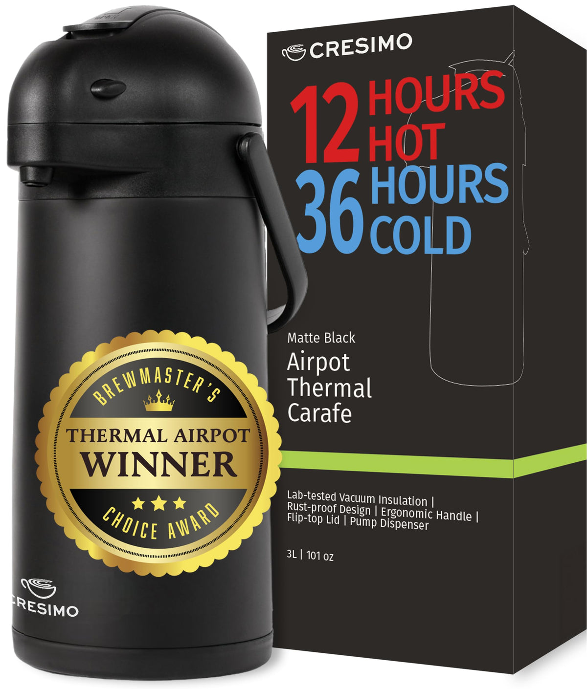 Coffee Carafe with Pump 102oz / 3L Airpot Large Hot Water Dispenser | 12 Hours Hot Cocoa Dispenser for Parties,Tea Flask, Insulated Stainless Steel Airpots for Hot Beverage Dispenser Coffee Pump