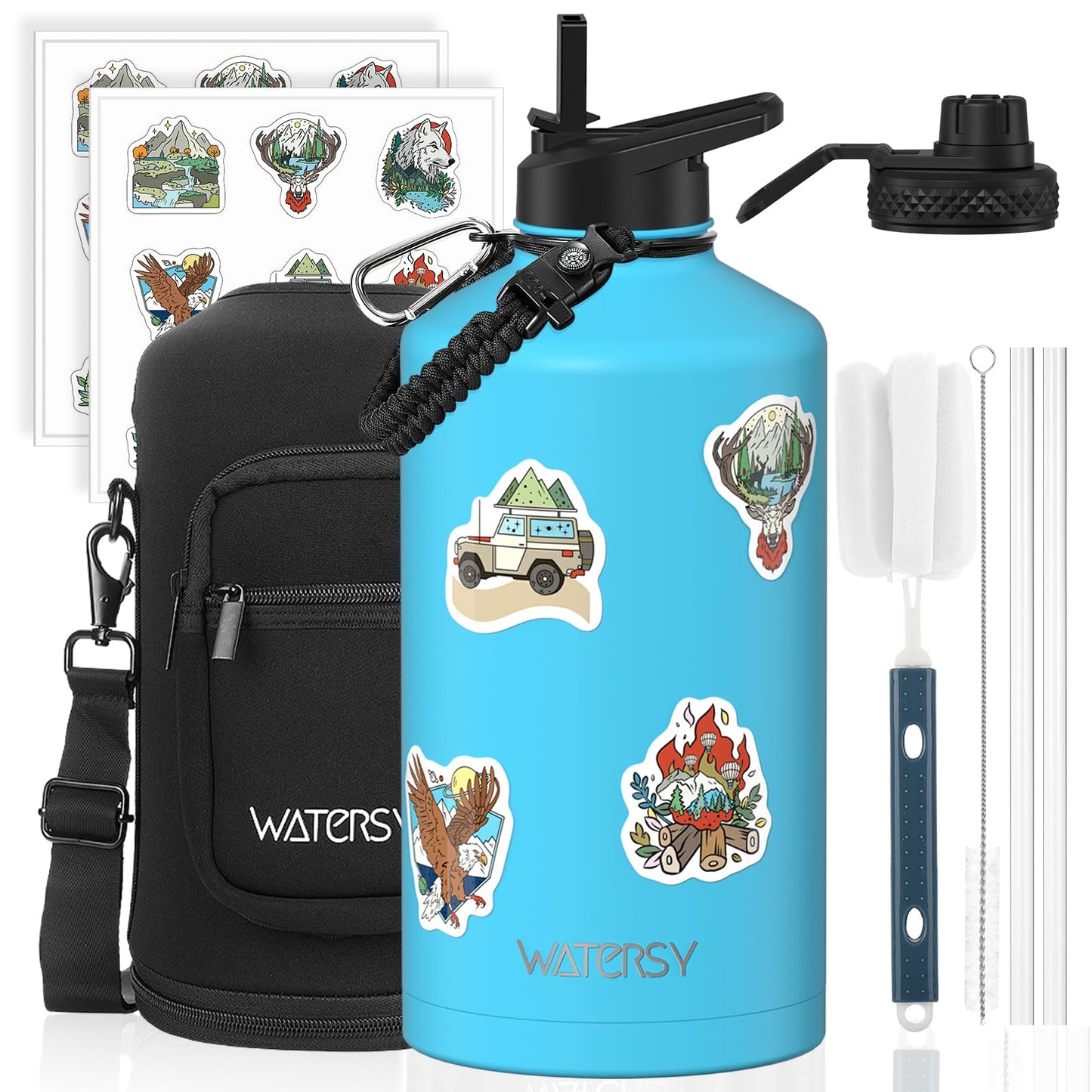 64oz Insulated Water Bottle (Cold for 48 Hrs),BPA Free&Leak Proof,Half Gallon Stainless Steel Water Flask,Water Jug with Straw Spout Lids for Gym,Hiking,Camping,Black Blue