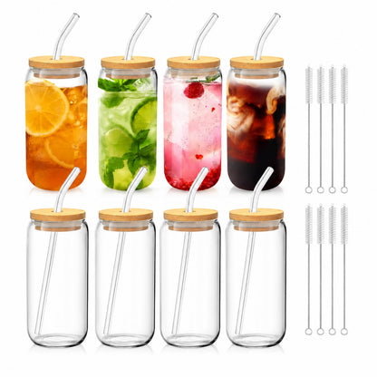 Glass Cups with Lids and Straws 1 Pack, 16 oz Glass Coffee Cup with Bamboo Lid, Glass Straw and Cleaning Brush, Iced Coffee Cup for Matcha, Soda, Tea and Daily Drinks