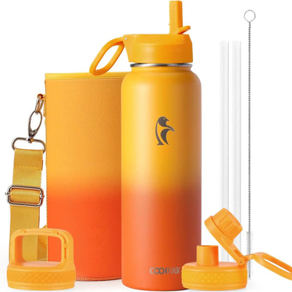 Coolflask 32/40/64/87/128oz Portable Insulated Water Bottle with Straw & 3 Lids, Stainless Steel Flask for Outdoor or Office, Travel Bottled Drinkware