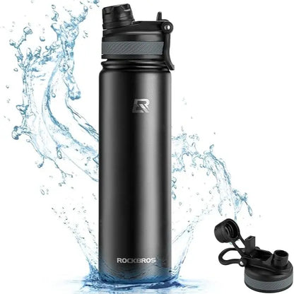 ROCKBROS Insulated Stainless Steel Tumbler with Straw Lid, Portable Leak-Proof Drink Flask with Handle, Insulation for Hiking, Cycling