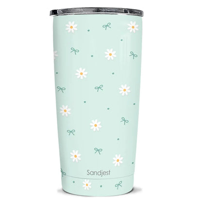 SANDJEST 20oz Stylish Botanical Daisies Insulated Stainless Steel Coffee Flask - Portable, Leakproof, Double-Wall Keeps Coffee Cozy Longer, Cup Holder Friendly, Reusable, Gym-to-Office Use, Iced or Hot Ready, Gift for Her