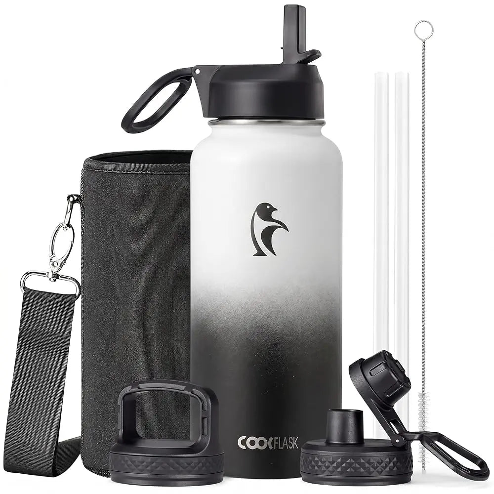 Coolflask 32/40/64/87/128oz Portable Insulated Water Bottle with Straw & 3 Lids, Stainless Steel Flask for Outdoor or Office, Travel Bottled Drinkware