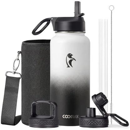 Coolflask 32/40/64/87/128oz Portable Insulated Water Bottle with Straw & 3 Lids, Stainless Steel Flask for Outdoor or Office, Travel Bottled Drinkware