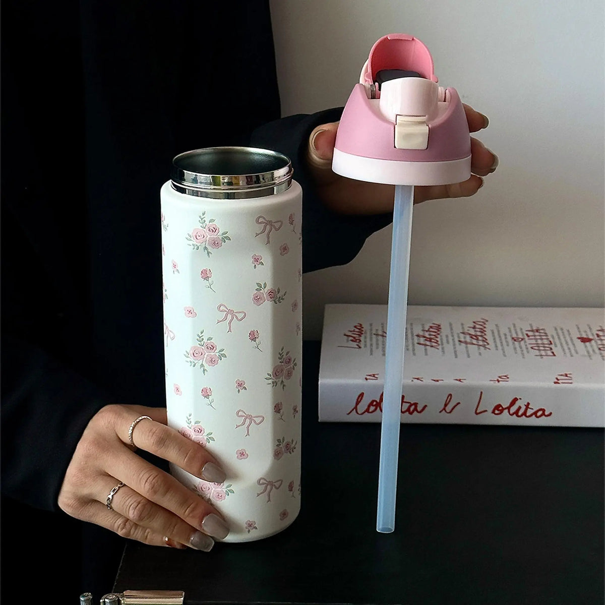 Floral Pattern Vacuum Flask, 1 Count Portable Large-Capacity Water Bottle with Straw, Leakproof Insulated Tumbler, Drinking Cup for Home, Office, School & Outdoor Camping, Drinkware #GLOBAL PICKS