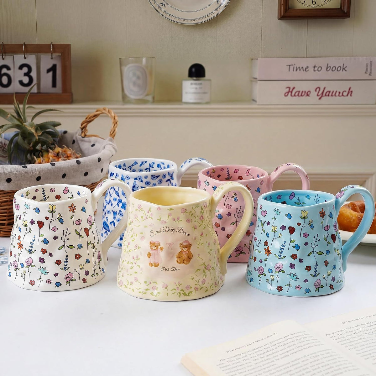 Large Ceramic Coffee Mug Cute Flower with Handmade Big Handle, 20oz Girly Pink Floral Tea Cup for Women Mothers Day, Novelty Irregular Oversized Christmas Mugs for Latte Tea Milk Cocoa
