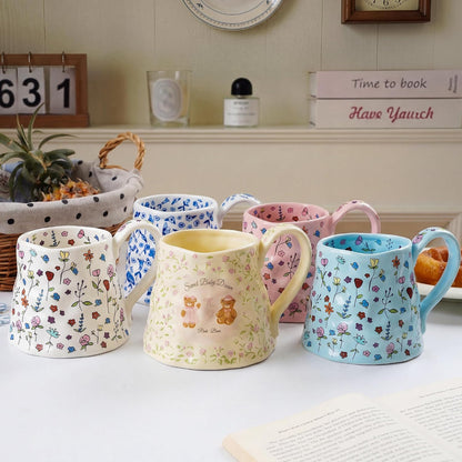 Large Ceramic Coffee Mug Cute Flower with Handmade Big Handle, 20oz Girly Pink Floral Tea Cup for Women Mothers Day, Novelty Irregular Oversized Christmas Mugs for Latte Tea Milk Cocoa