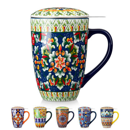 vancasso Ceramic Tea Mug with Infuser and Lid, 18 Ounce Bohemian Loose Leaf Cup, Microwave & Dishwasher Safe, Perfect for Tea, Coffee, Burnt-Cobalt Mandala