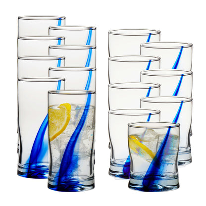 Polaris Axis Tumbler & Rocks Drinking Glasses Set of 16, Glass Cups | 17.75 oz and 15 oz Capacities for Water, Juice, Cocktails, and More with Dishwasher-Safe Convenience for Easy Cleanup