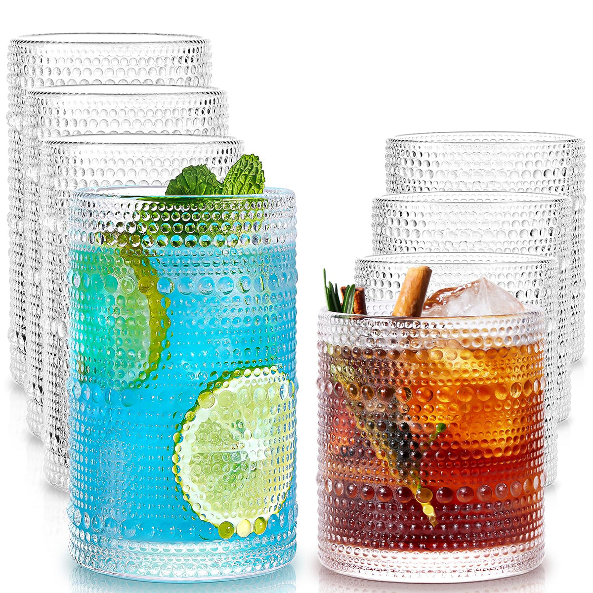 Ribbed Drinking Glasses Cups Set of 8 Large Capacity Highball 17oz&12oz | Rocks Cocktail Glasses Ideal for Beer, Juice, Water, Ice Coffee Cup, Whiskey, Mixed Drinkware