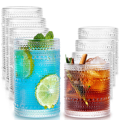 Ribbed Drinking Glasses Cups Set of 8 Large Capacity Highball 17oz&12oz | Rocks Cocktail Glasses Ideal for Beer, Juice, Water, Ice Coffee Cup, Whiskey, Mixed Drinkware
