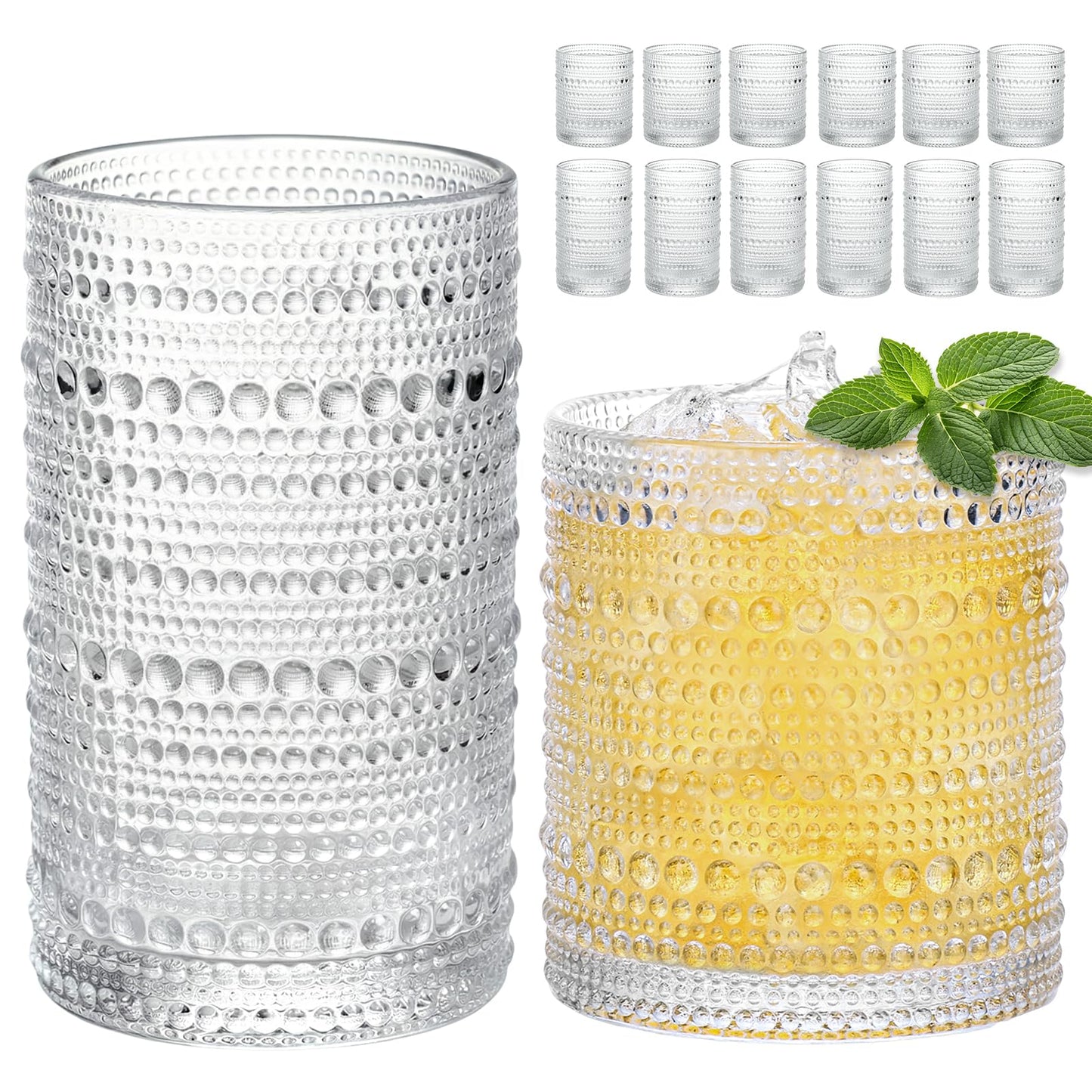 Moretoes Crystal Whisky Drinking Glasses Set of 12, Glass Cups | Mixed Glassware Set, 12 Oz Highball Glasses & 11 Oz Old Fashioned Glasses, Great for Cocktail and Other Beverages