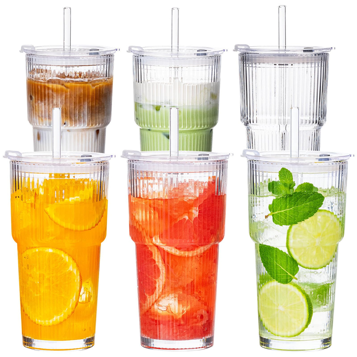 20oz Iced Coffee Cups with Lids, Glass Coffee Cups with Lids and Straws | Clear Reusable Drinkware, Secure Leak-Resistant Lids, Cup-Holder Friendly, Ideal for Iced Coffee, Tea, Juice and Smoothies