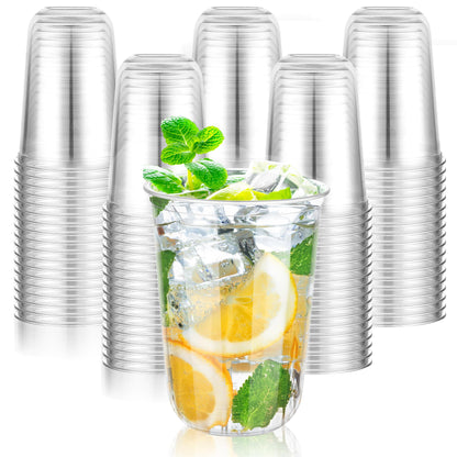 KesaPlan 100 Pcs 12oz Plastic Clear Cups, Disposable Wine Cocktail Glasses | Round Bottom, Crystal Stemless Party Bar Drink PET Cups for Meeting Weddings Birthday Christmas Valentine Party Supplies