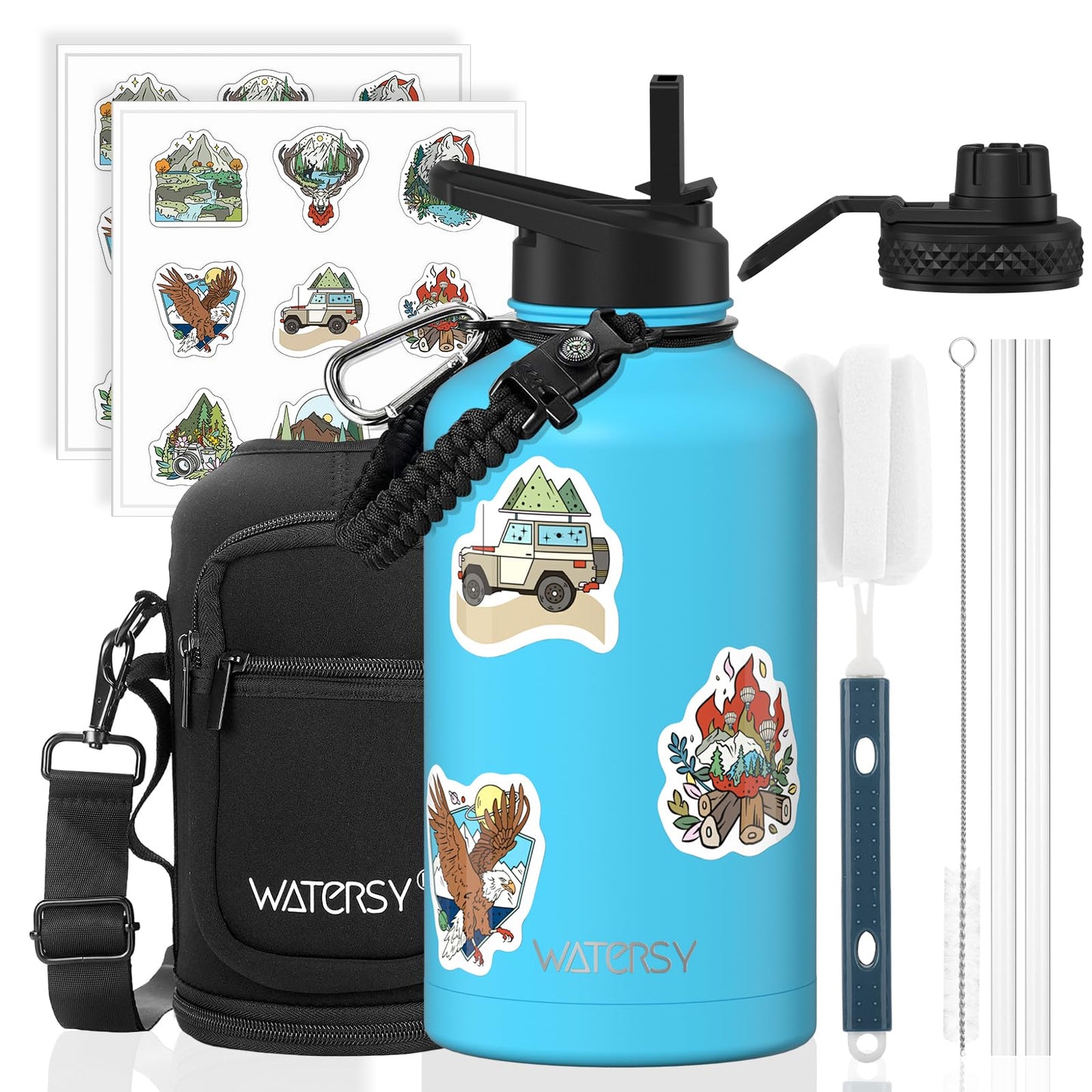 64oz Insulated Water Bottle (Cold for 48 Hrs),BPA Free&Leak Proof,Half Gallon Stainless Steel Water Flask,Water Jug with Straw Spout Lids for Gym,Hiking,Camping,Black Blue