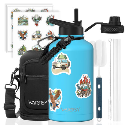 64oz Insulated Water Bottle (Cold for 48 Hrs),BPA Free&Leak Proof,Half Gallon Stainless Steel Water Flask,Water Jug with Straw Spout Lids for Gym,Hiking,Camping,Black Blue