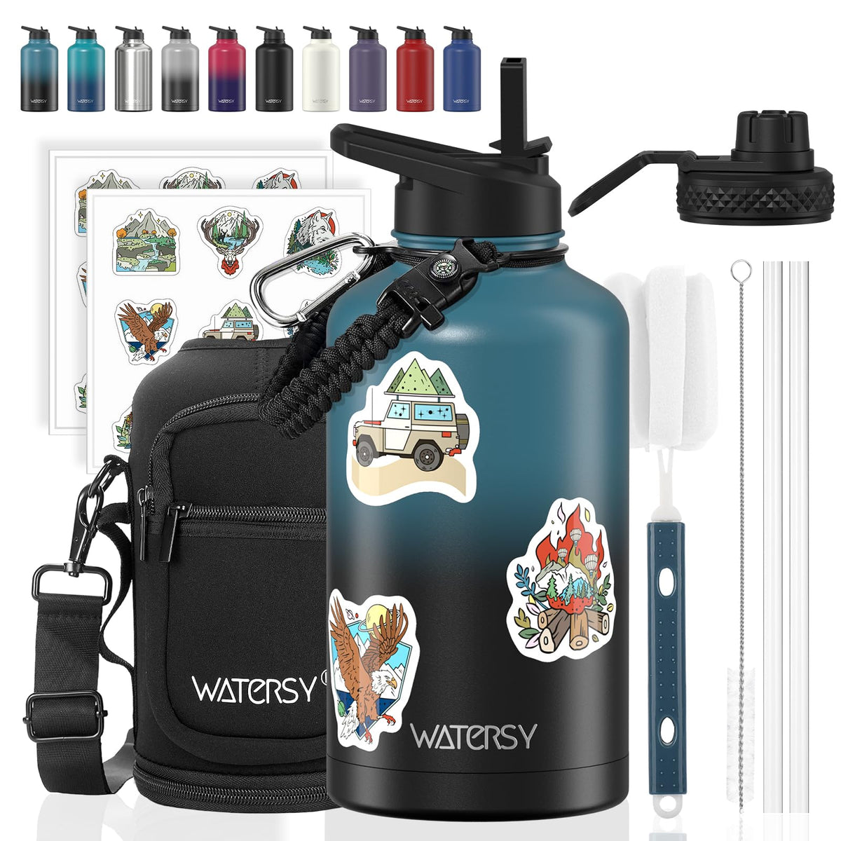 64oz Insulated Water Bottle (Cold for 48 Hrs),BPA Free&Leak Proof,Half Gallon Stainless Steel Water Flask,Water Jug with Straw Spout Lids for Gym,Hiking,Camping,Black Blue