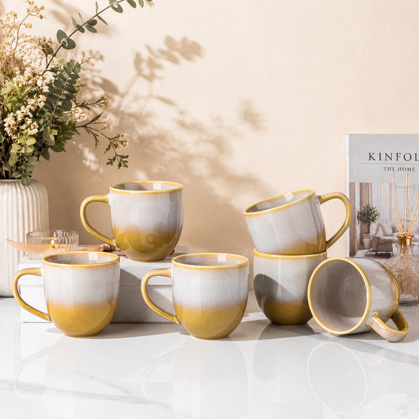 theterra Ceramic Coffee Mugs Set of 6, 14.2 oz Coffee Cups with Handle | Handmade, Suitable for Latte, Tea, Milk, Beer & Hot Cocoa, Cocoa Mocha