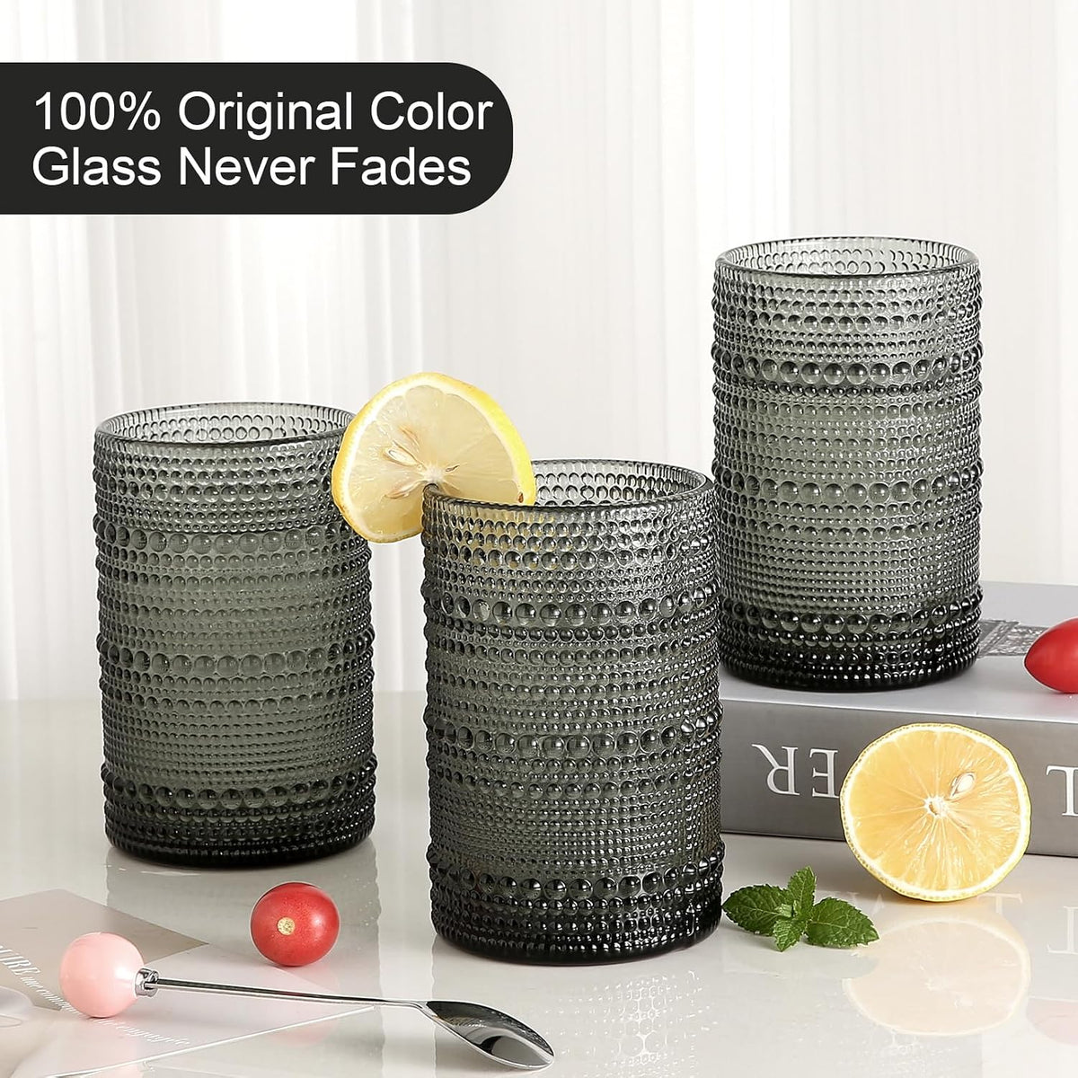 ZMOWIPDL Drinking Glasses Set of 6,15 oz Grey Hobnail Glass Cups | Vintage Glassware，Embossed Water Tumbler,for Beer,Cocktail,Whiskey,Juice and Various Mixed Drinks- 1 Cleaning Brush
