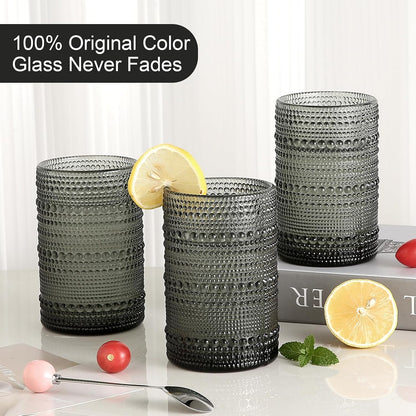 ZMOWIPDL Drinking Glasses Set of 6,15 oz Grey Hobnail Glass Cups | Vintage Glassware，Embossed Water Tumbler,for Beer,Cocktail,Whiskey,Juice and Various Mixed Drinks- 1 Cleaning Brush