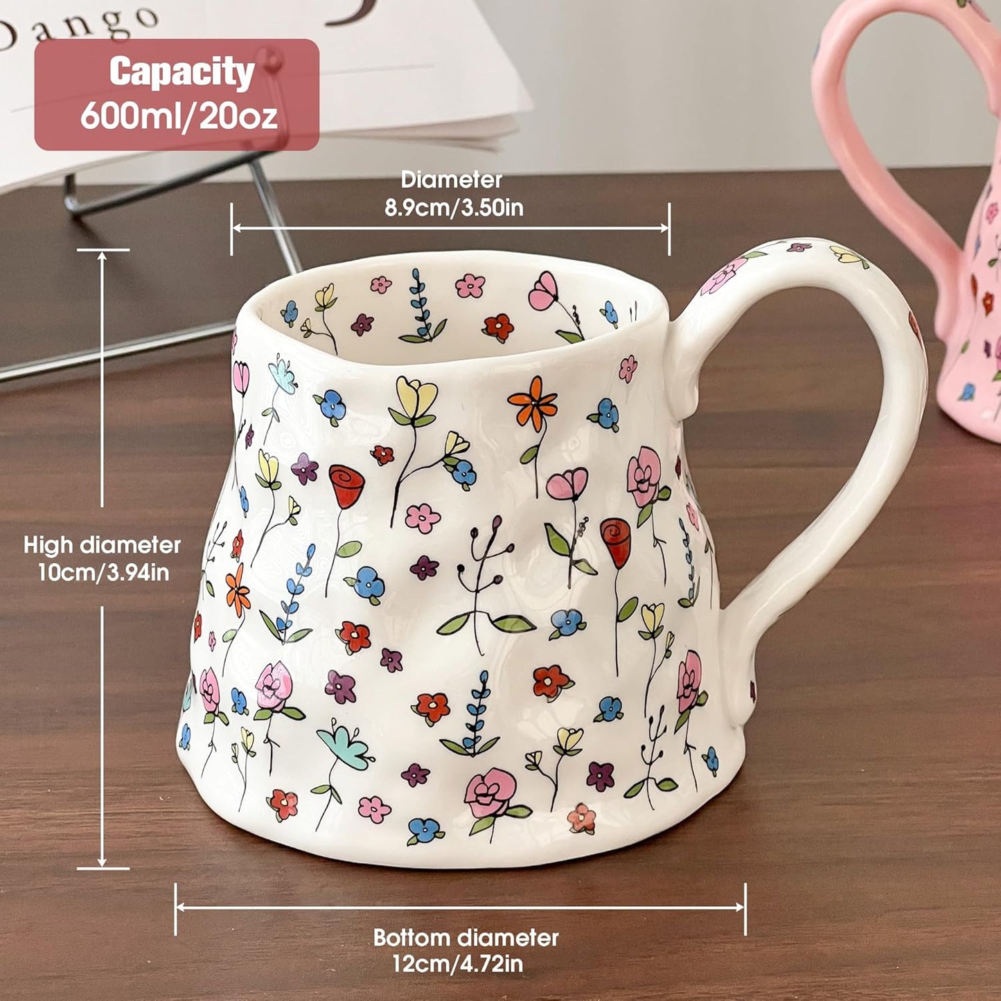 Large Ceramic Coffee Mug Cute Flower with Handmade Big Handle, 20oz Girly Pink Floral Tea Cup for Women Mothers Day, Novelty Irregular Oversized Christmas Mugs for Latte Tea Milk Cocoa