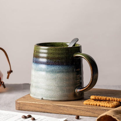15.5oz Large Heavyweight Ceramic Mug, Reactive (Light Green) | 15.5oz Medium-Large, Heavy Weighted Stoneware, Reactive Transmutation Glaze, Microwave & Dishwasher Safe, Gift Box
