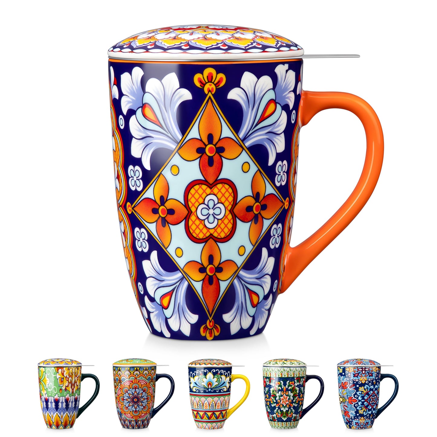 vancasso Ceramic Tea Mug with Infuser and Lid, 18 Ounce Bohemian Loose Leaf Cup, Microwave & Dishwasher Safe, Perfect for Tea, Coffee, Burnt-Cobalt Mandala