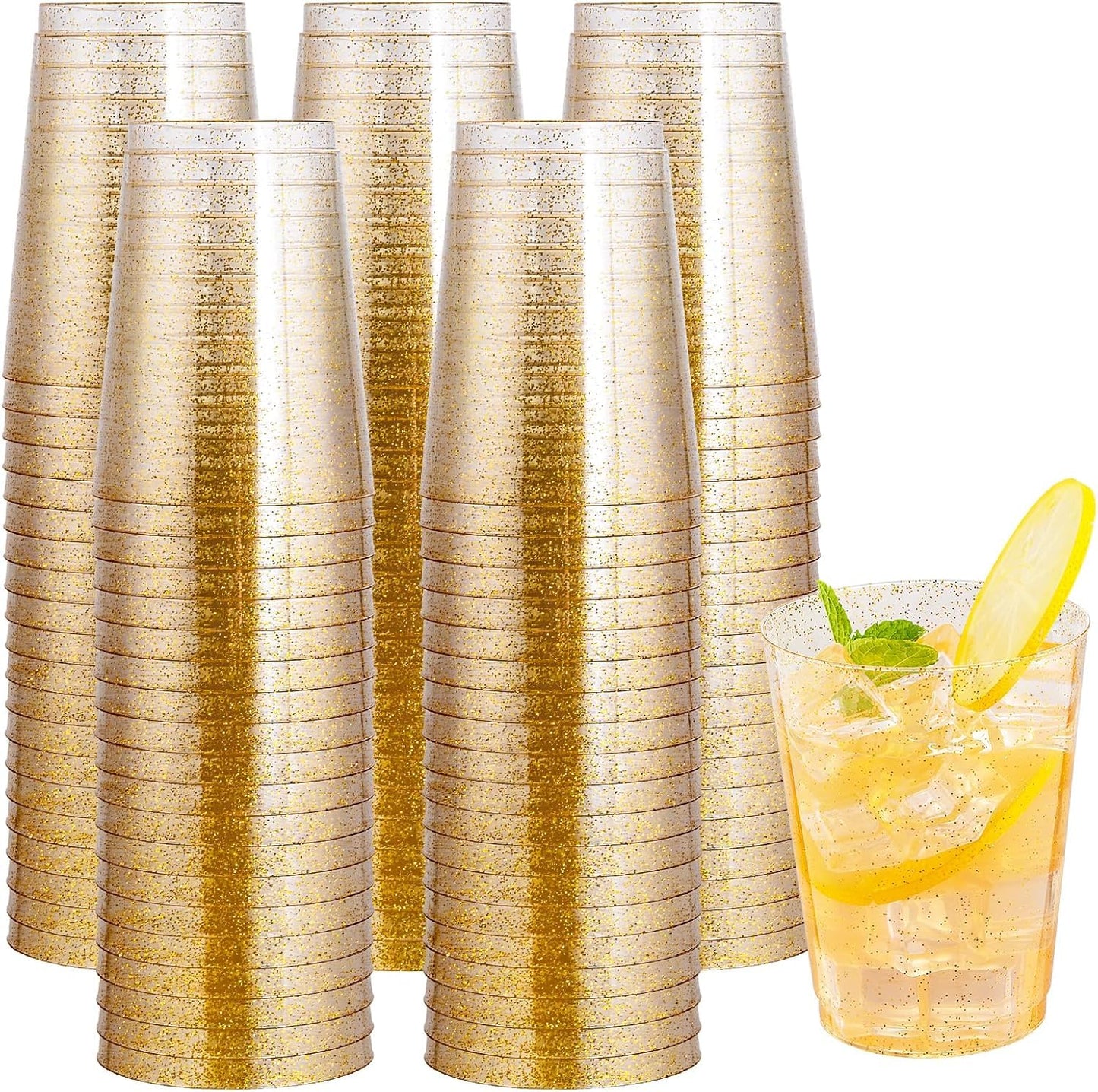 I00000 200 Pack Gold Plastic Cups, 9 Oz Elegant Clear Plastic Cups Gold Rimmed Disposable Wine Glasses Fancy Disposable Party Cup Wedding Cup Drinking Tumblers Cocktail Glasses Perfect for Party