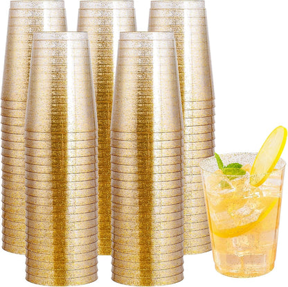 I00000 200 Pack Gold Plastic Cups, 9 Oz Elegant Clear Plastic Cups Gold Rimmed Disposable Wine Glasses Fancy Disposable Party Cup Wedding Cup Drinking Tumblers Cocktail Glasses Perfect for Party