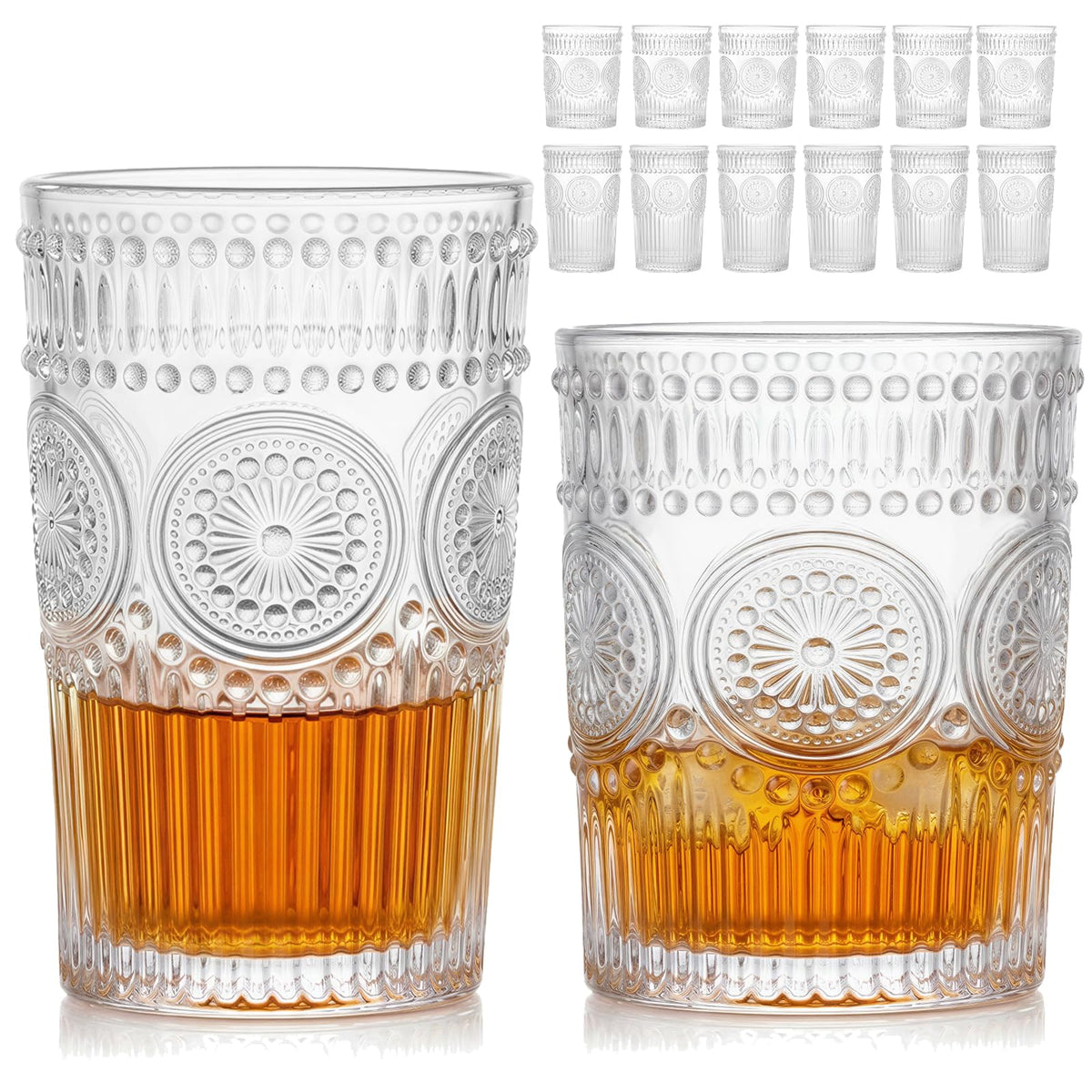Moretoes Crystal Whisky Drinking Glasses Set of 12, Glass Cups | Mixed Glassware Set, 12 Oz Highball Glasses & 11 Oz Old Fashioned Glasses, Great for Cocktail and Other Beverages