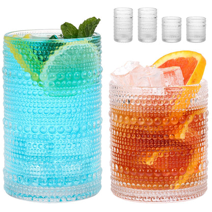 Moretoes Hobnail Drinking Glasses Set of 12, Vintage Water Glass Cups | 12 Oz Highball Glasses & 10 Oz Cocktail Glasses, Clear Embossed Boho Kitchen Bar Tumbler for Whiskey, Beer, Juice, Milk