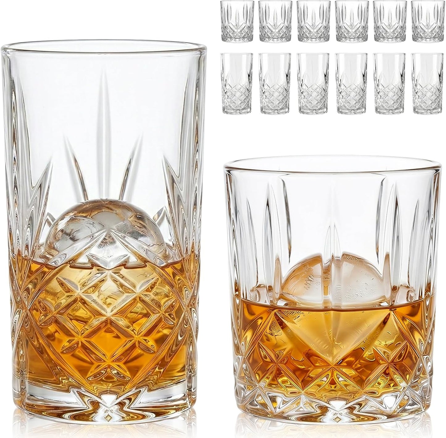 Moretoes Crystal Whisky Drinking Glasses Set of 12, Glass Cups | Mixed Glassware Set, 12 Oz Highball Glasses & 11 Oz Old Fashioned Glasses, Great for Cocktail and Other Beverages