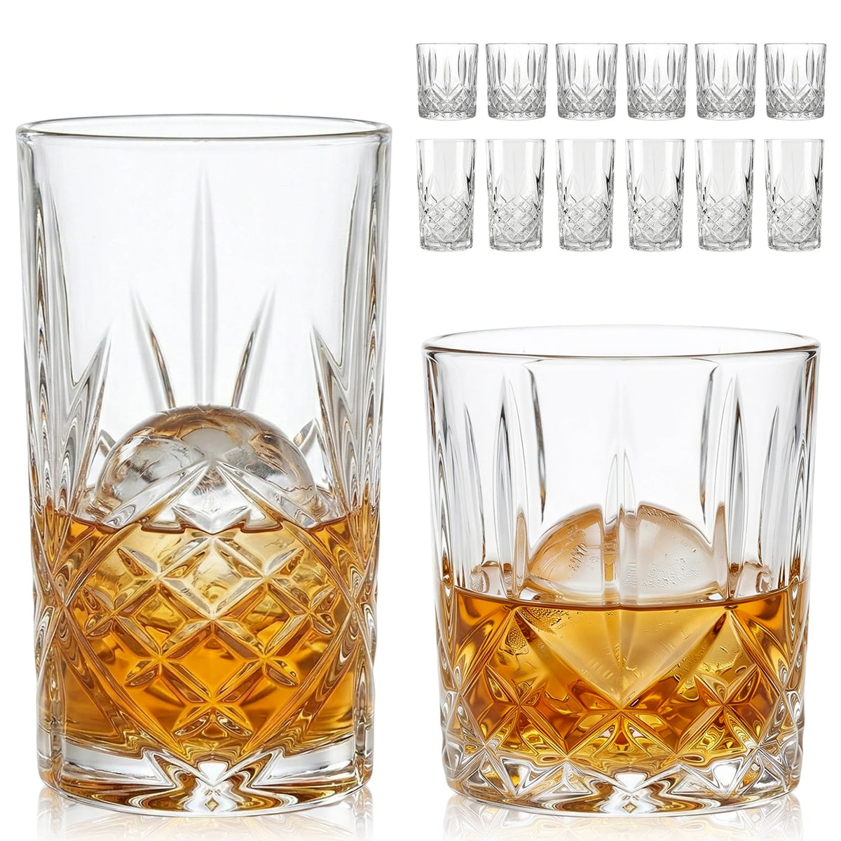 Moretoes Crystal Whisky Drinking Glasses Set of 12, Glass Cups | Mixed Glassware Set, 12 Oz Highball Glasses & 11 Oz Old Fashioned Glasses, Great for Cocktail and Other Beverages