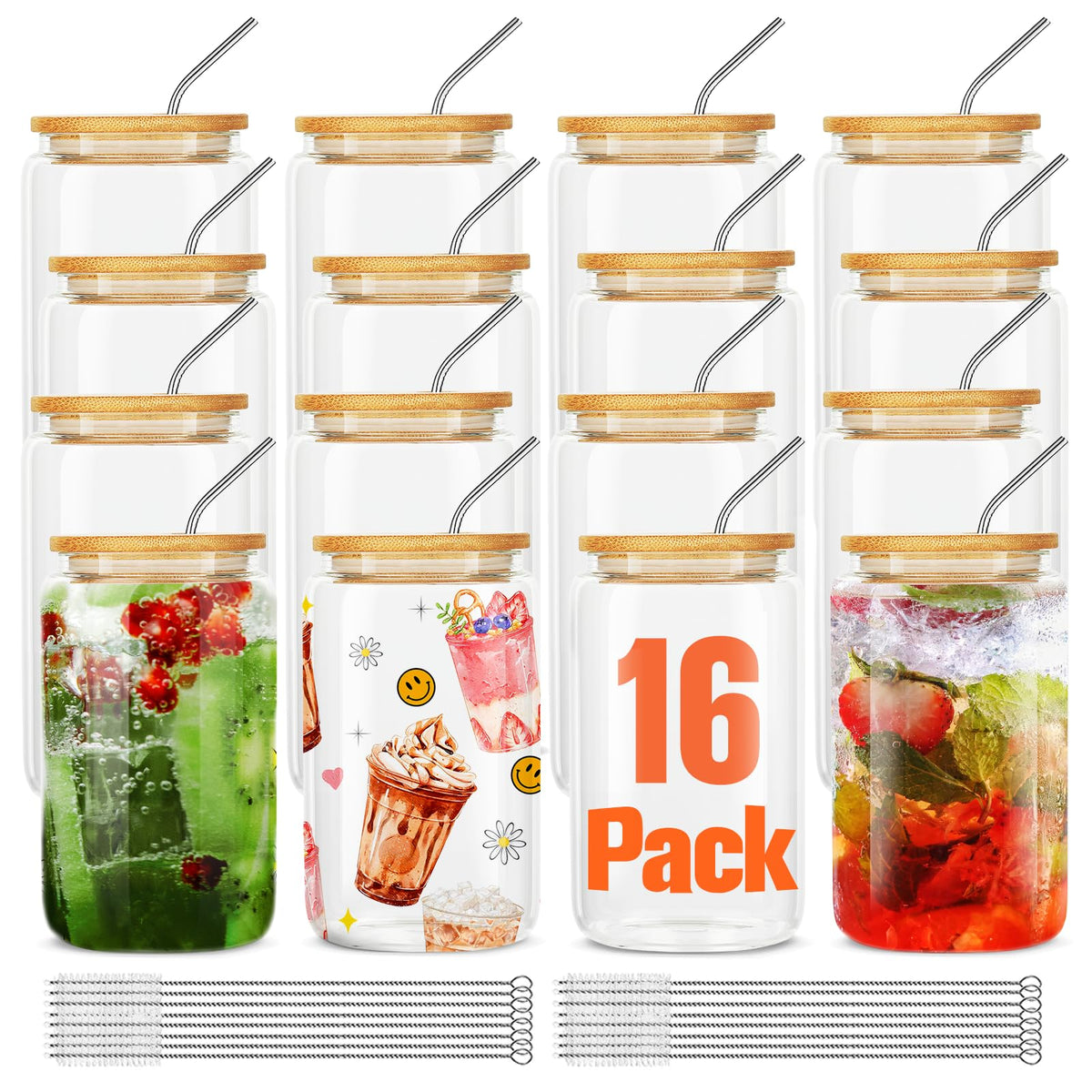 ASKIZ 16Pcs Glass Cups With Bamboo Lids and Straws,16Oz Ice Coffee Cup,Drinking Glasses Cups Set,Water Bottles Glasses for Juicing,Beer,Coffee,Soda,Tea-Glass Tumbler Reusable for Gifts