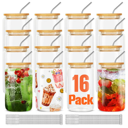 ASKIZ 16Pcs Glass Cups With Bamboo Lids and Straws,16Oz Ice Coffee Cup,Drinking Glasses Cups Set,Water Bottles Glasses for Juicing,Beer,Coffee,Soda,Tea-Glass Tumbler Reusable for Gifts