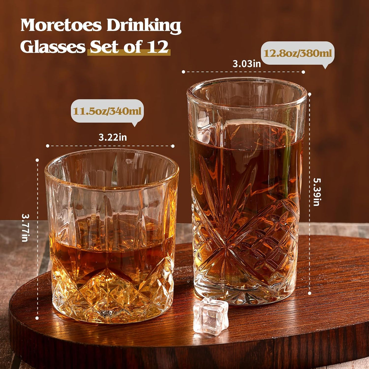 Moretoes Crystal Whisky Drinking Glasses Set of 12, Glass Cups | Mixed Glassware Set, 12 Oz Highball Glasses & 11 Oz Old Fashioned Glasses, Great for Cocktail and Other Beverages