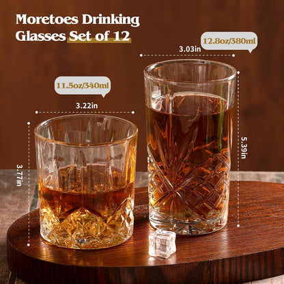 Moretoes Crystal Whisky Drinking Glasses Set of 12, Glass Cups | Mixed Glassware Set, 12 Oz Highball Glasses & 11 Oz Old Fashioned Glasses, Great for Cocktail and Other Beverages