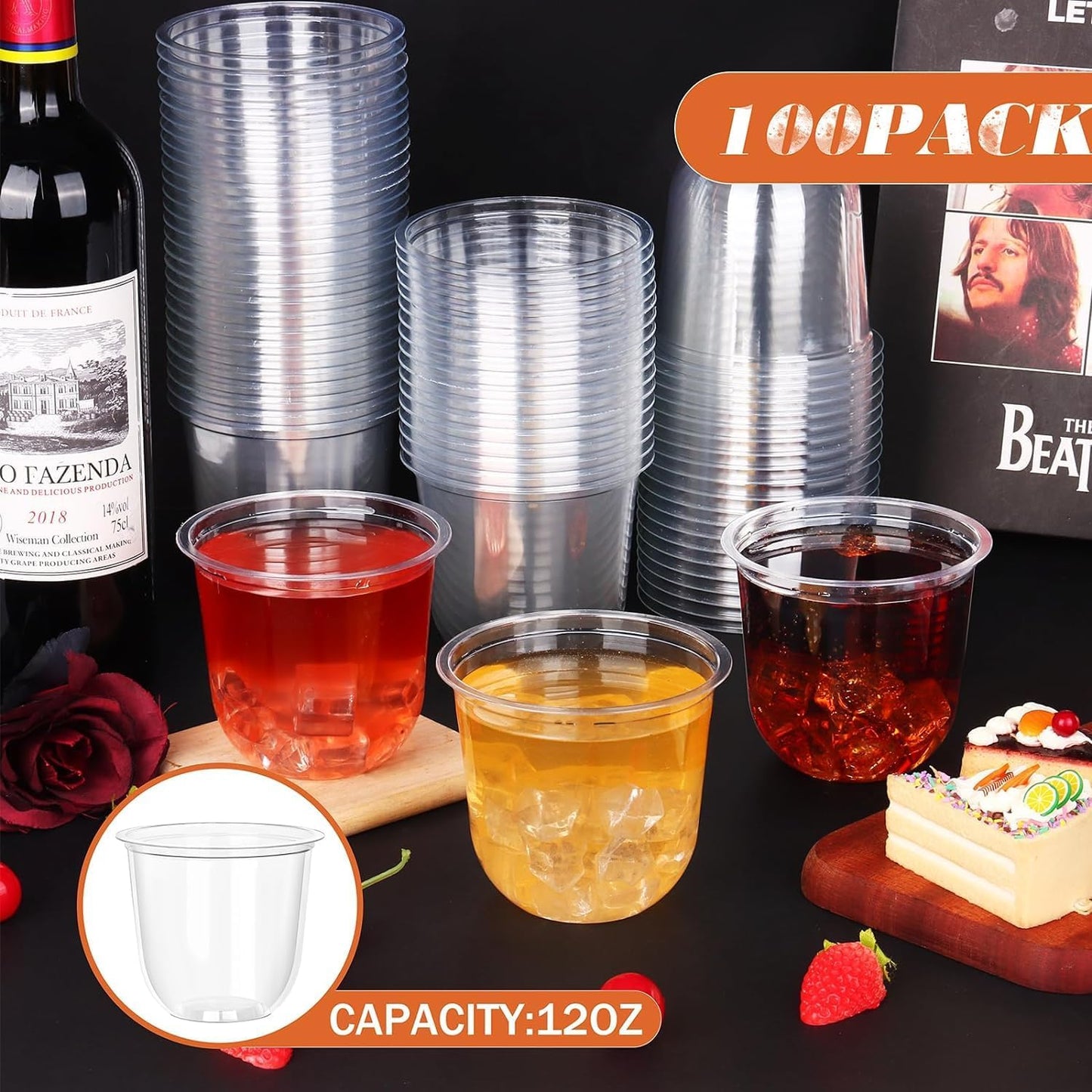 KesaPlan 100 Pcs 12oz Plastic Clear Cups, Disposable Wine Cocktail Glasses | Round Bottom, Crystal Stemless Party Bar Drink PET Cups for Meeting Weddings Birthday Christmas Valentine Party Supplies
