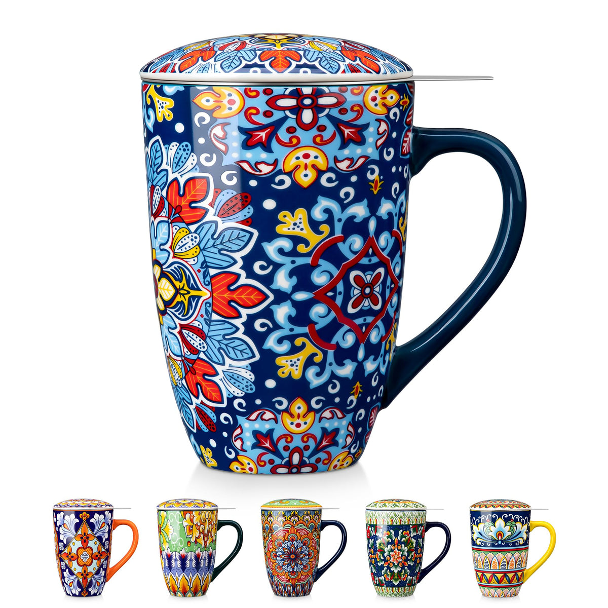vancasso Ceramic Tea Mug with Infuser and Lid, 18 Ounce Bohemian Loose Leaf Cup, Microwave & Dishwasher Safe, Perfect for Tea, Coffee, Burnt-Cobalt Mandala
