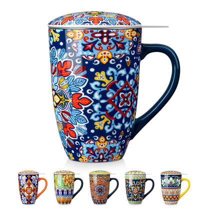 vancasso Ceramic Tea Mug with Infuser and Lid, 18 Ounce Bohemian Loose Leaf Cup, Microwave & Dishwasher Safe, Perfect for Tea, Coffee, Burnt-Cobalt Mandala