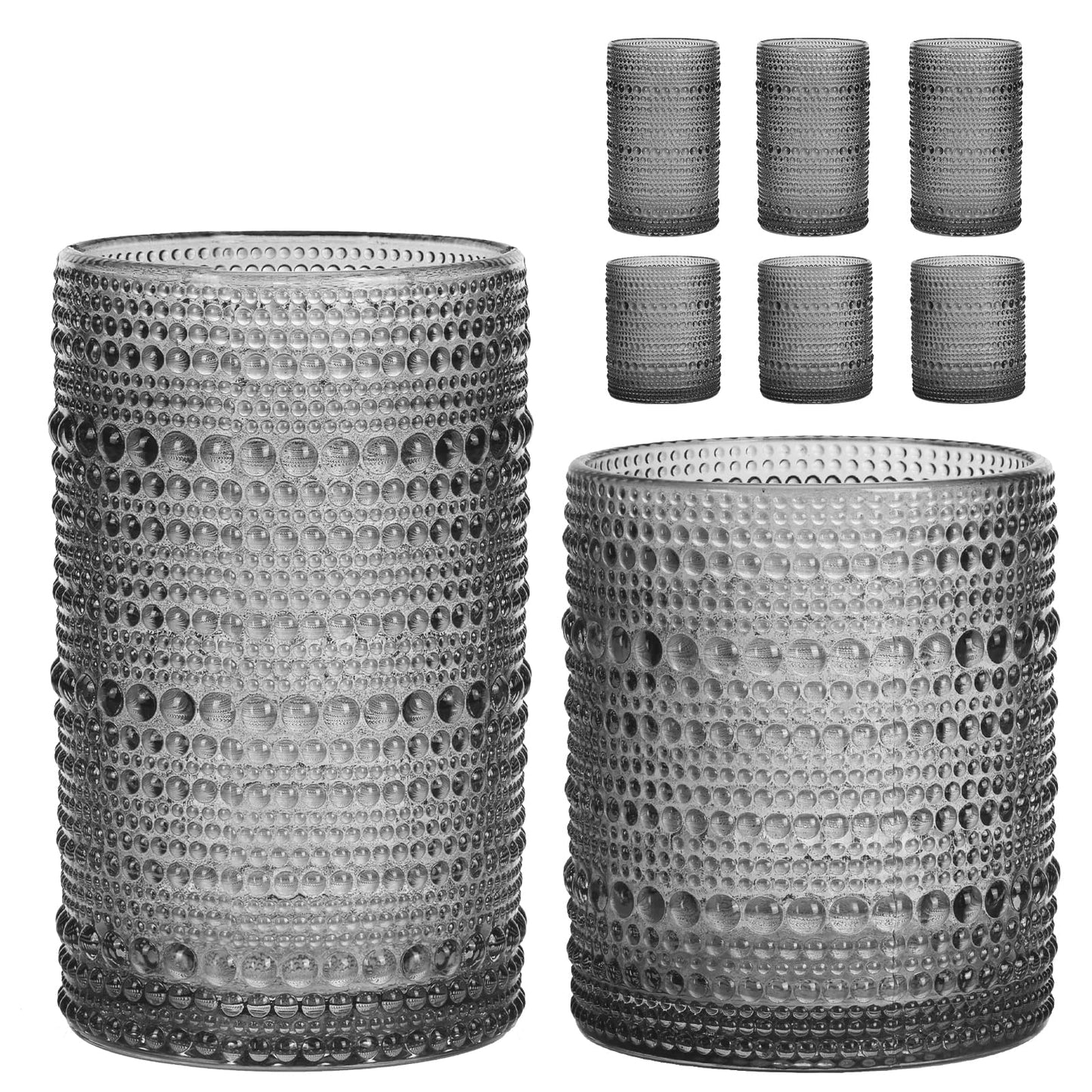 Moretoes Hobnail Drinking Glasses Set of 12, Vintage Water Glass Cups | 12 Oz Highball Glasses & 10 Oz Cocktail Glasses, Clear Embossed Boho Kitchen Bar Tumbler for Whiskey, Beer, Juice, Milk