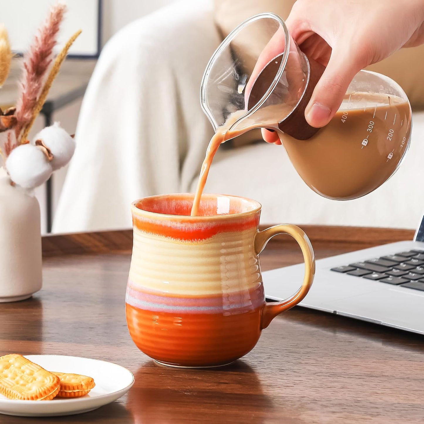 21 oz Large Ceramic Coffee Mugs, Handmade Tea Cups with Handle | Pottery Mug Handmade for Office and Home, for Men and Women, Dishwasher and Microwave Safe, Great Gift, Orange