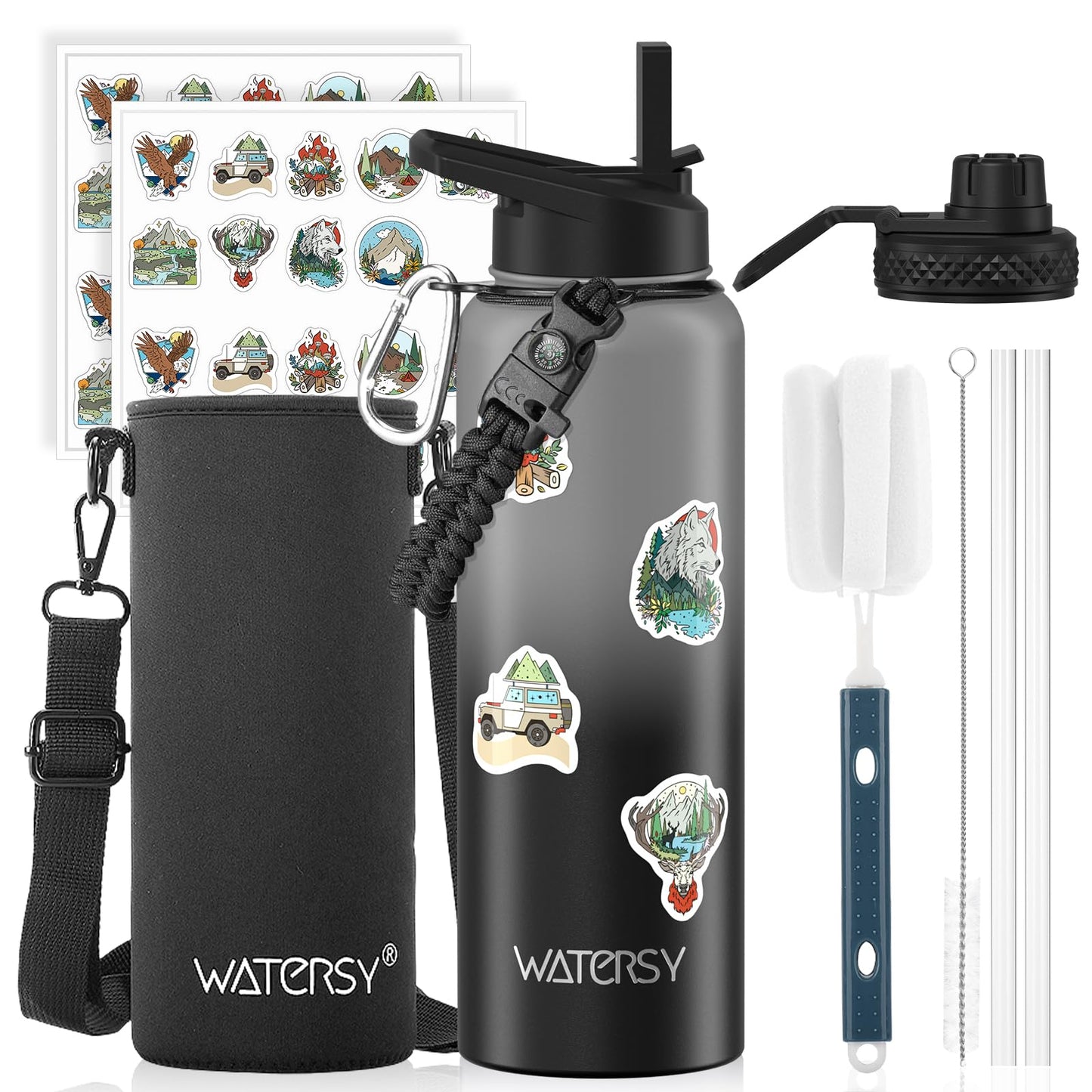 64oz Insulated Water Bottle (Cold for 48 Hrs),BPA Free&Leak Proof,Half Gallon Stainless Steel Water Flask,Water Jug with Straw Spout Lids for Gym,Hiking,Camping,Black Blue